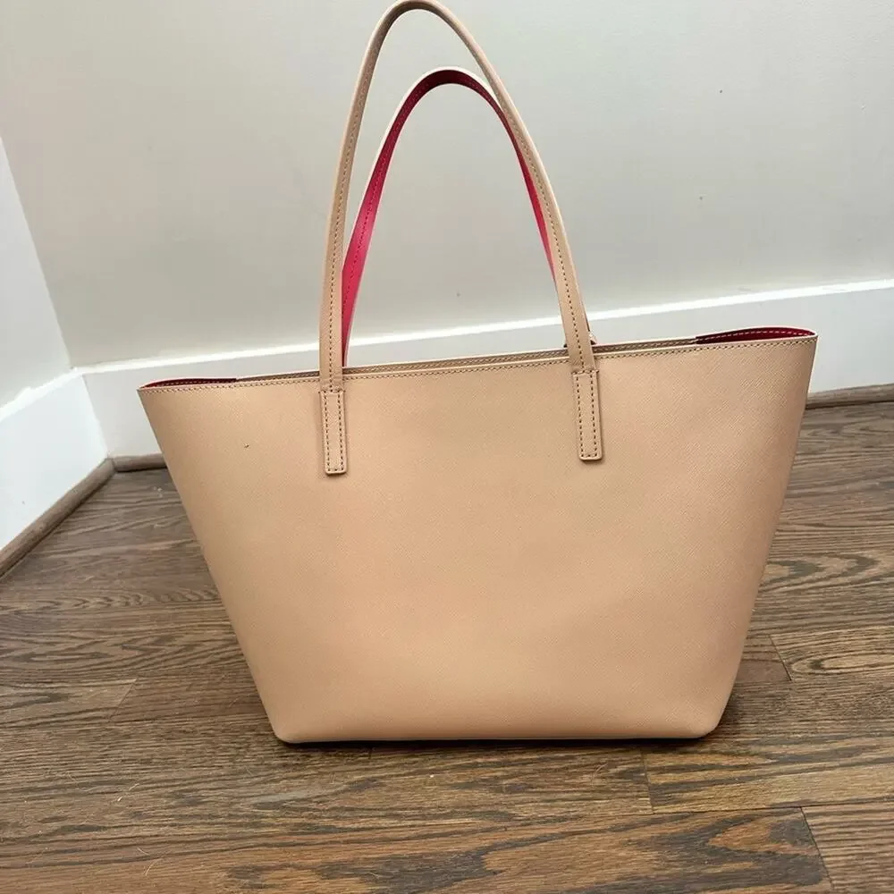 Kate Spade Lida Scotts Place Cream Taupe Leather Tote Bag Red Interior